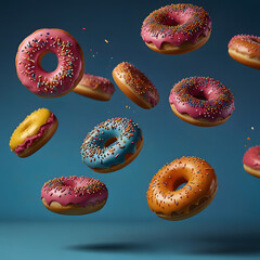 Colorful Flying Donuts with Sprinkles on Blue Backdrop