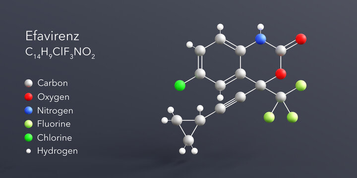 efavirenz molecule 3d rendering, flat molecular structure with chemical formula and atoms color coding