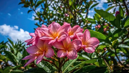 Fototapeta premium Charming pink frangipani petals in a garden setting