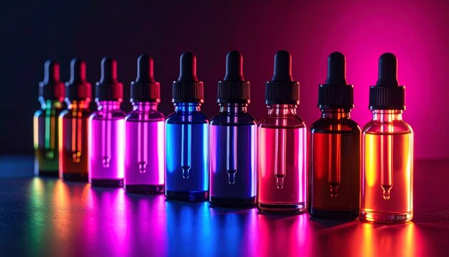 A row of glass dropper bottles filled with colorful liquids, illuminated by vibrant neon lights against a dark background.