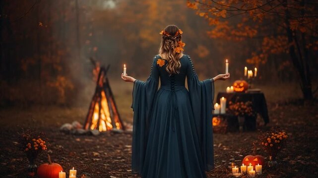 A woman in a medieval dress performs a magical ritual in an autumn forest. Pagan witch celebrating Samhain or Halloween with candles, pumpkins, and a bonfire.