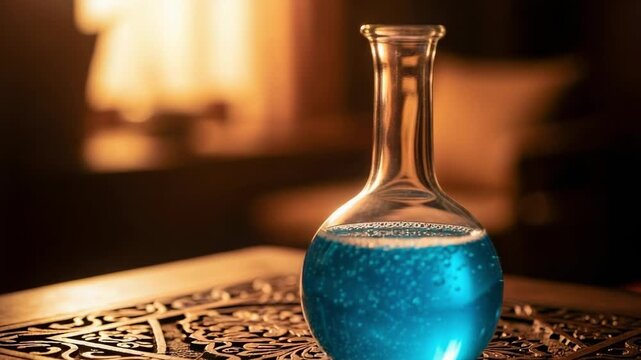 Magical blue potion glowing in a glass flask on a decorative table. Alchemy and fantasy science concept.