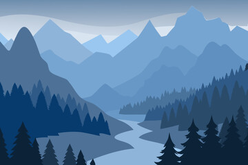 Fototapeta premium Misty Blue Mountain River Valley with Pine Forest - Vector Landscape Illustration
