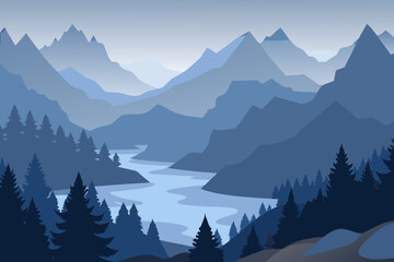 Fototapeta premium Misty Blue Mountain River Valley with Pine Forest - Vector Landscape Illustration