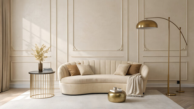 Serene modern living room oasis with plush cream sofa and elegant gold accents creating ultimate comfort