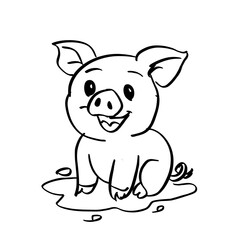Cute Pig Sitting in Mud Coloring Page