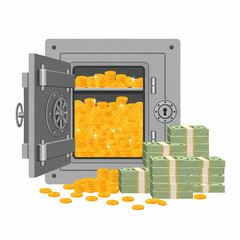 Open safe filled with gold coins and stacks of cash, symbolizing wealth, security, and financial success.