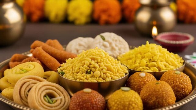 Traditional Indian sweets and savories platter for the Diwali festival. A festive assortment of mithai and namkeen including Laddu and Chakli, with lit diyas in the background.