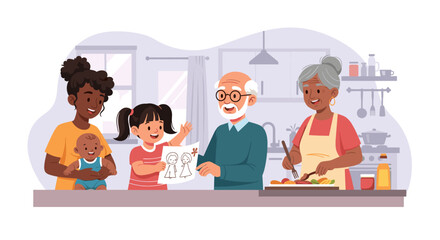 Happy multigenerational family cooking and sharing a moment together in the kitchen. Perfect for family, togetherness, and generational themes.
