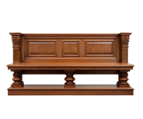 Antique wooden church pew featuring ornate carvings and details presented on a transparent background