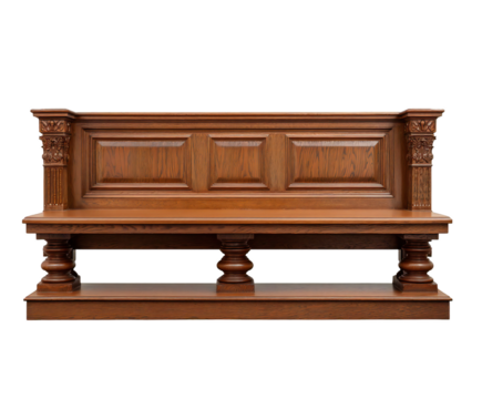Antique wooden church pew featuring ornate carvings and details presented on a transparent background