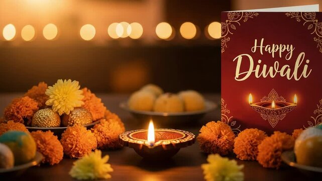 Happy Diwali greeting card with a lit diya lamp, marigold flowers, and traditional Indian sweets. Festive celebration for the festival of lights.