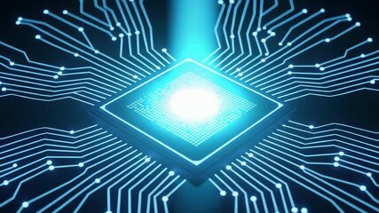 Digital circuit board glowing brightly with futuristic neon light in dark background animation - Powered by Adobe