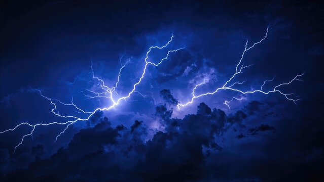 Nighttime storm with lightning bolts darting across the sky