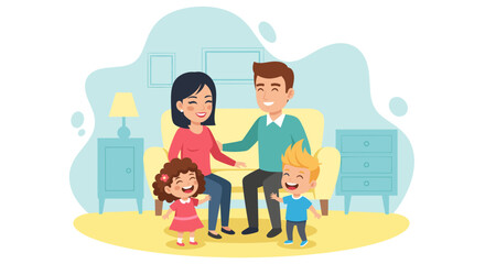 Happy family sitting on a sofa in their living room. Perfect for family blogs, websites, and brochures.