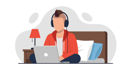 Person working on laptop from bed, wearing headphones - perfect for websites, blogs, or articles about remote work, freelancing, or comfortable workspaces.