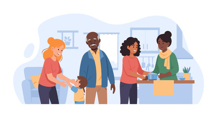 Multigenerational family cooking together in a modern kitchen.  Perfect for family, togetherness, and food-related websites or brochures.