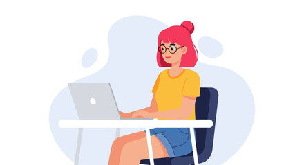 Young woman working on laptop, perfect for website banners or blog posts about remote work, technology, or freelance.