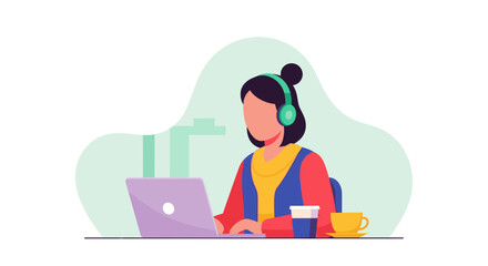 Woman working on laptop with headphones, perfect for website banners or blog posts about remote work.