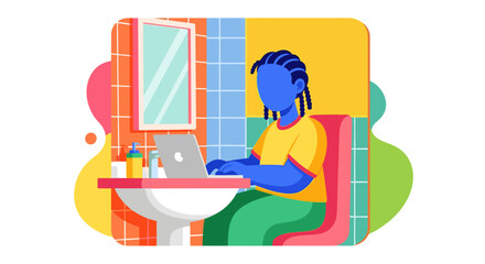 Person working on laptop in colorful bathroom, ideal for website banners, social media posts, and blog illustrations.