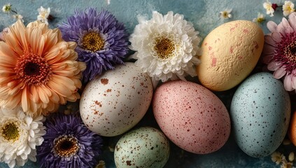 Obraz premium Colorful Easter Eggs with Daisies and Gerbera Daisies on a Blue Background