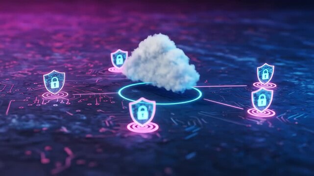 Cloud security system depicted as a fluffy cloud connected to protected nodes via glowing neon lines on a circuit board