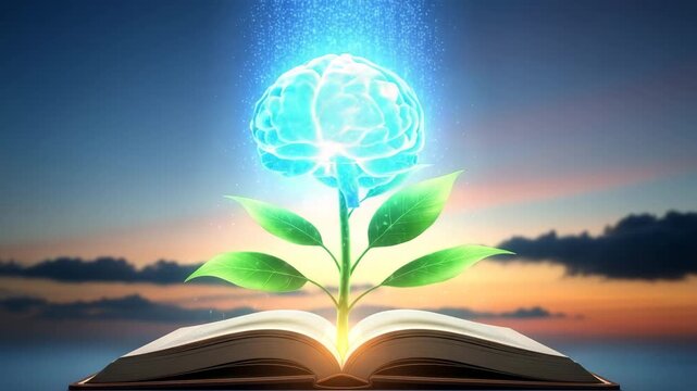 Conceptual illustration of knowledge growth brain blooming from open book with sunset background