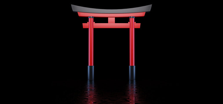 The Japanese Torii Gate stands in a dark space and is reflected in the glossy floor.  Japanese historical landmark. 3D Render.