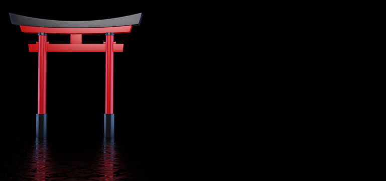 The Japanese Torii Gate stands in a dark space and is reflected in the glossy floor.  Japanese historical landmark. 3D Render.