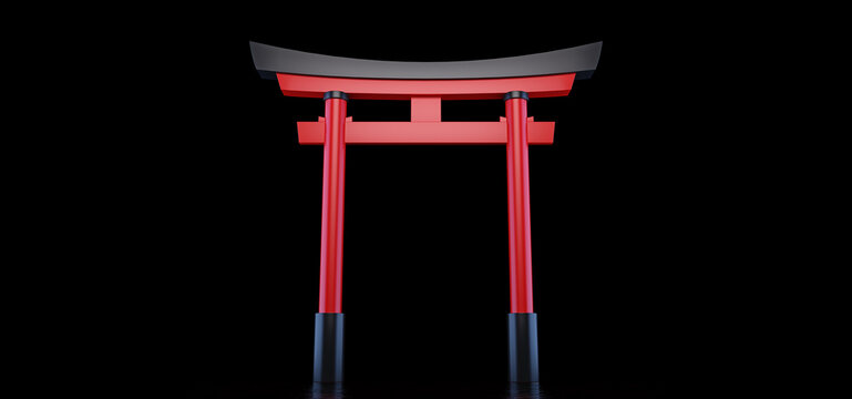 The Japanese Torii Gate stands in a dark space and is reflected in the glossy floor.  Japanese historical landmark. 3D Render.
