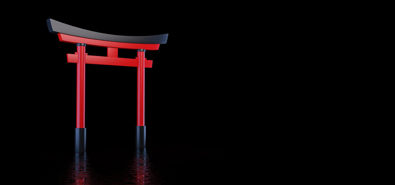 The Japanese Torii Gate stands in a dark space and is reflected in the glossy floor.  Japanese historical landmark. 3D Render.