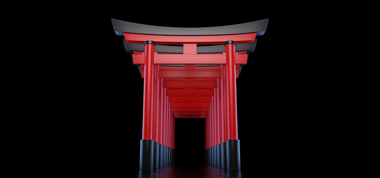 The Japanese Torii gates stand behind each other and form a passage, are located in a dark space and are reflected in the glossy floor.  Historical landmark of Japan. 3D render.