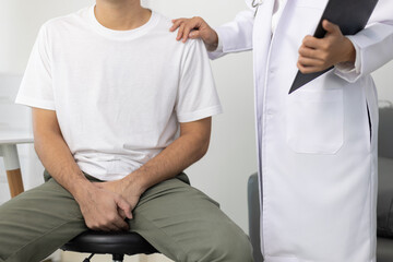 Doctor is diagnosing male patient erectile dysfunction and giving treatment recommendations, male...