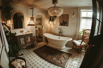 Luxurious bathroom interior with vintage bathtub, plants and chandelier for relaxation and comfort