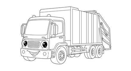 Cartoon garbage truck illustration with smiling face and big eyes for coloring activity    