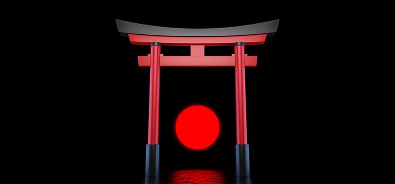 The Japanese Torii Gate stands alone in a dark space against the background of the red sun.  Historical landmark of Japan. 3D rendering.. 3D Render