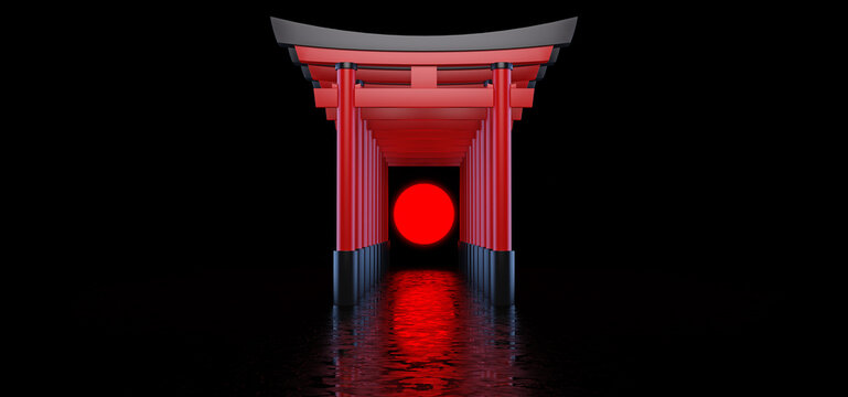 The Japanese Torii gates stand behind each other and form a passage in a dark space against the background of the red sun.  Historical landmark of Japan. 3D rendering. 3D Render
