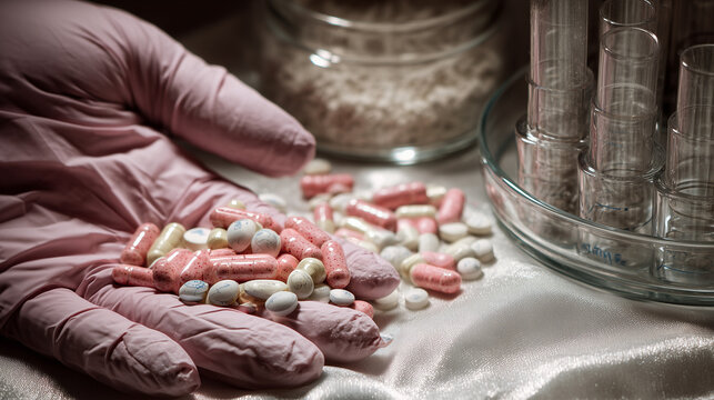Medical gloves, pills, and test tubes in a sterile lab setting