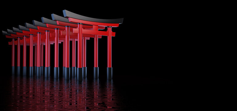 The Japanese Torii gates stand behind each other and form a passage, are located in a dark space and are reflected in the glossy floor.  Historical landmark of Japan. 3D render.