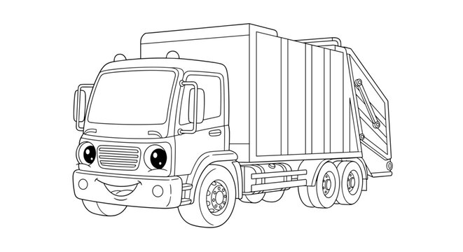 Cartoon garbage truck illustration with smiling face and big eyes for coloring activity