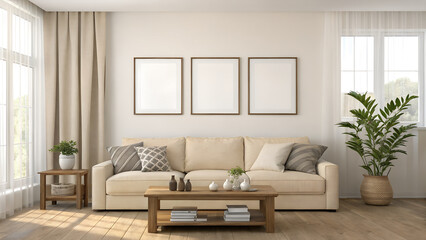 Fototapeta premium Modern living room featuring a neutral sofa, coffee table, and three blank frames ready for your art