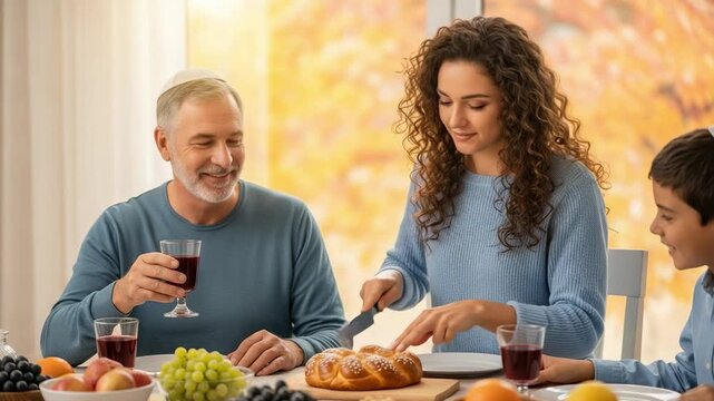 Happy Jewish family having a traditional meal together. Smiling woman cutting Challah bread for Shabbat dinner with her son and father at the table.