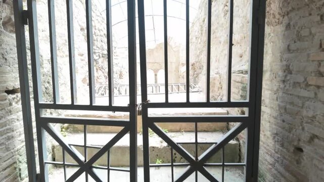 A view of a walkthrough inside the ancient ruins of a Roman amphitheatre in Durres, Albania. - June 14, 2025. An old arena dating back to the second century AD.