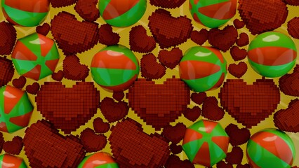 Voxel hearts and multicolored balls pattern on seamless hexagon yellow background