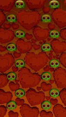 Sugar skulls and voxel hearts arranged in hexagon grid pattern on orange background
