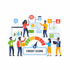 A diverse group of people are gathered around a credit score gauge, interacting with financial icons and charts, indicating business and financial analysis.