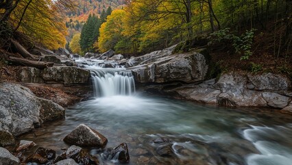 Obraz premium Long-duration capture of a river waterfall within a scenic nature park