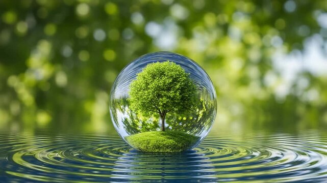 A green tree enclosed in a crystal ball surrounded by water on a blurred nature background.