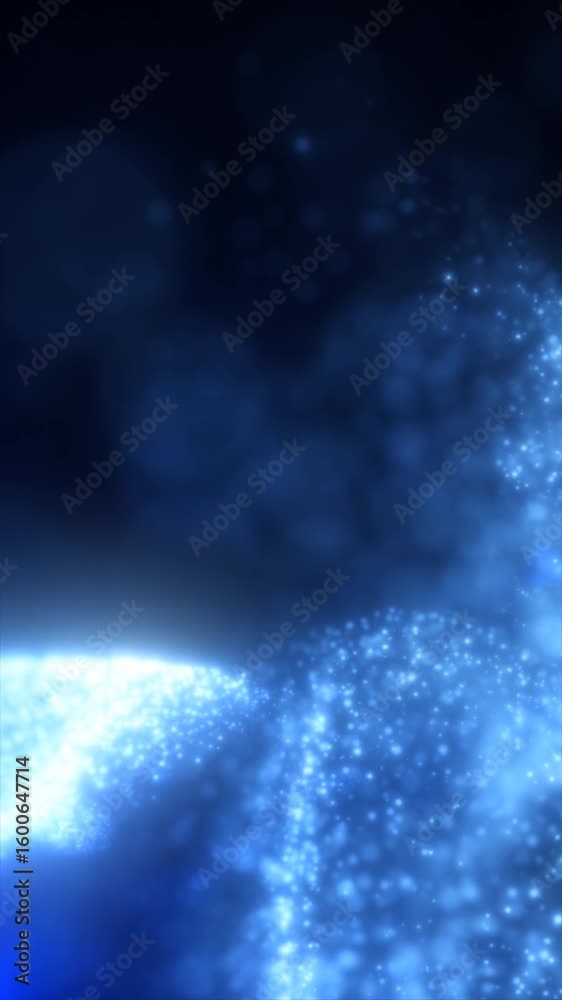 Poster flowing stream of soft blue light particles on a dark background, creating a cosmic and tranquil atm