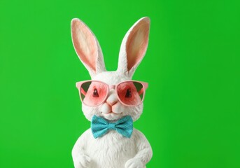 White bunny wearing pink sunglasses and blue bow tie standing against bright green background. Clean studio setup. Concept: Easter character, playful animal, holiday fun